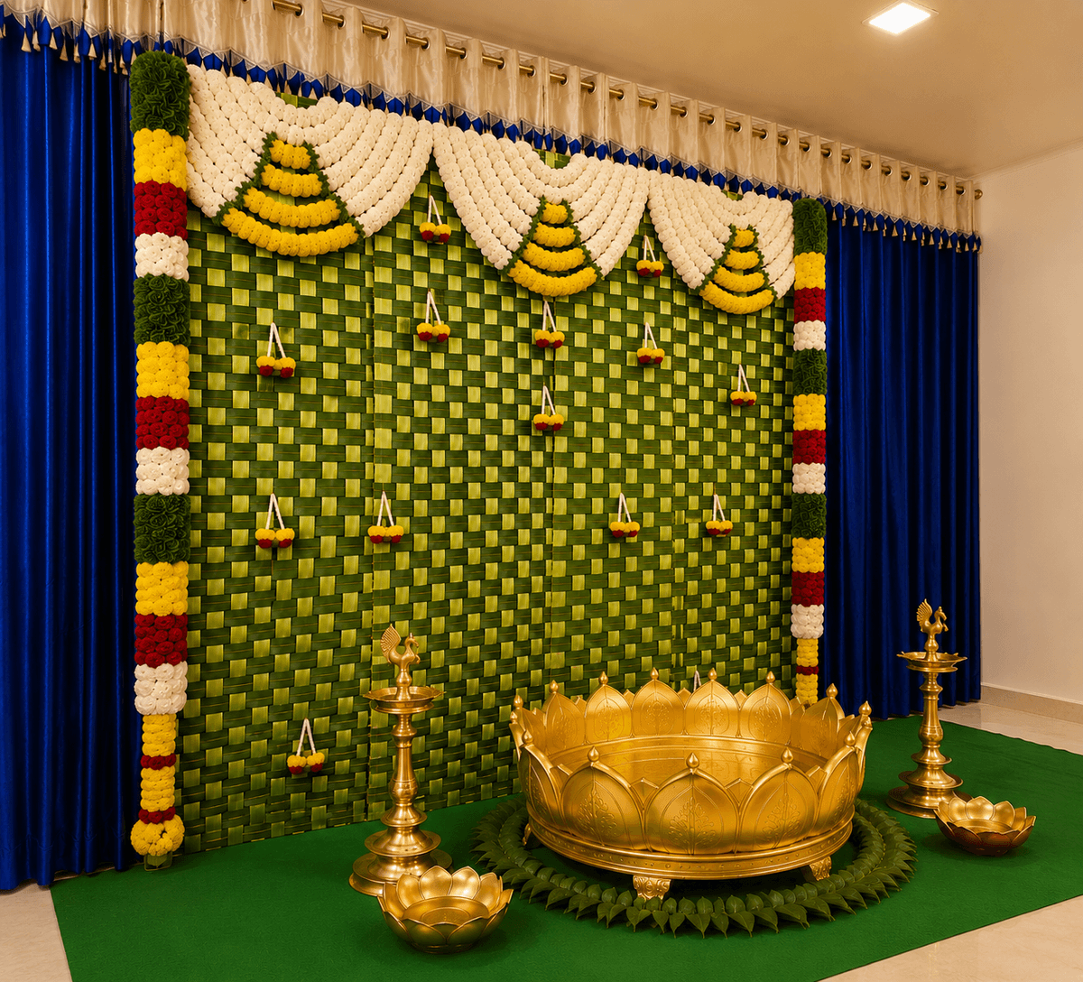 Stylish haldi event decor with floral backdrop and traditional accents