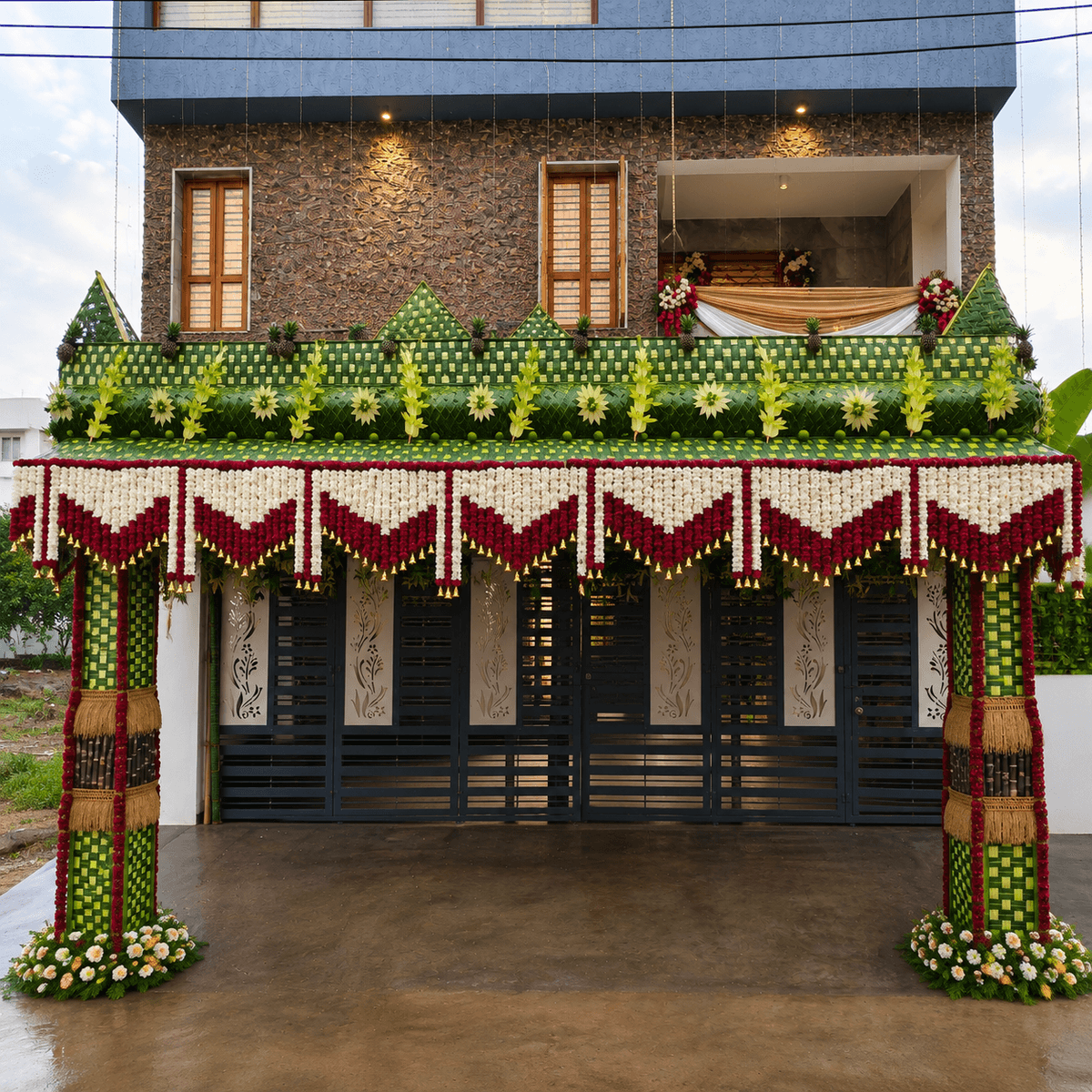 Housewarming decor with floral backdrop and welcoming ambiance