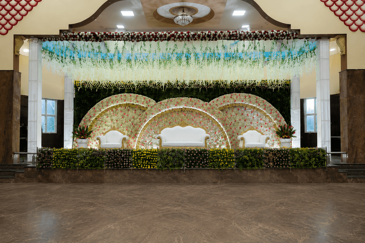 Luxury marriage reception decor with decorative stage and lighting