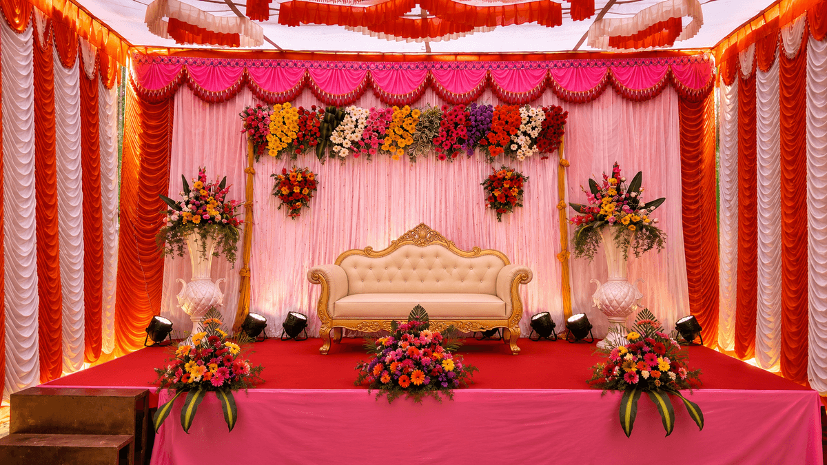 Grand marriage reception entrance and decor styling for Bangalore venues