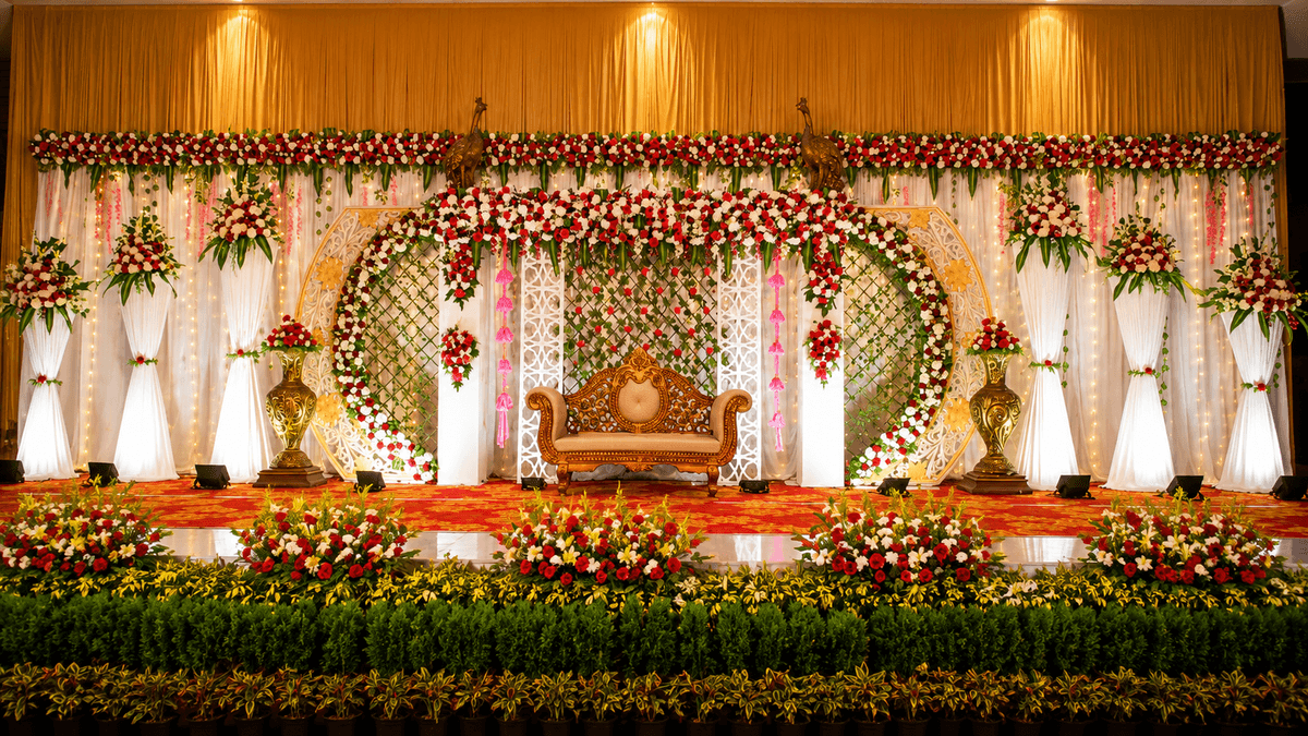 Reception stage decoration in Bangalore with modern floral theme