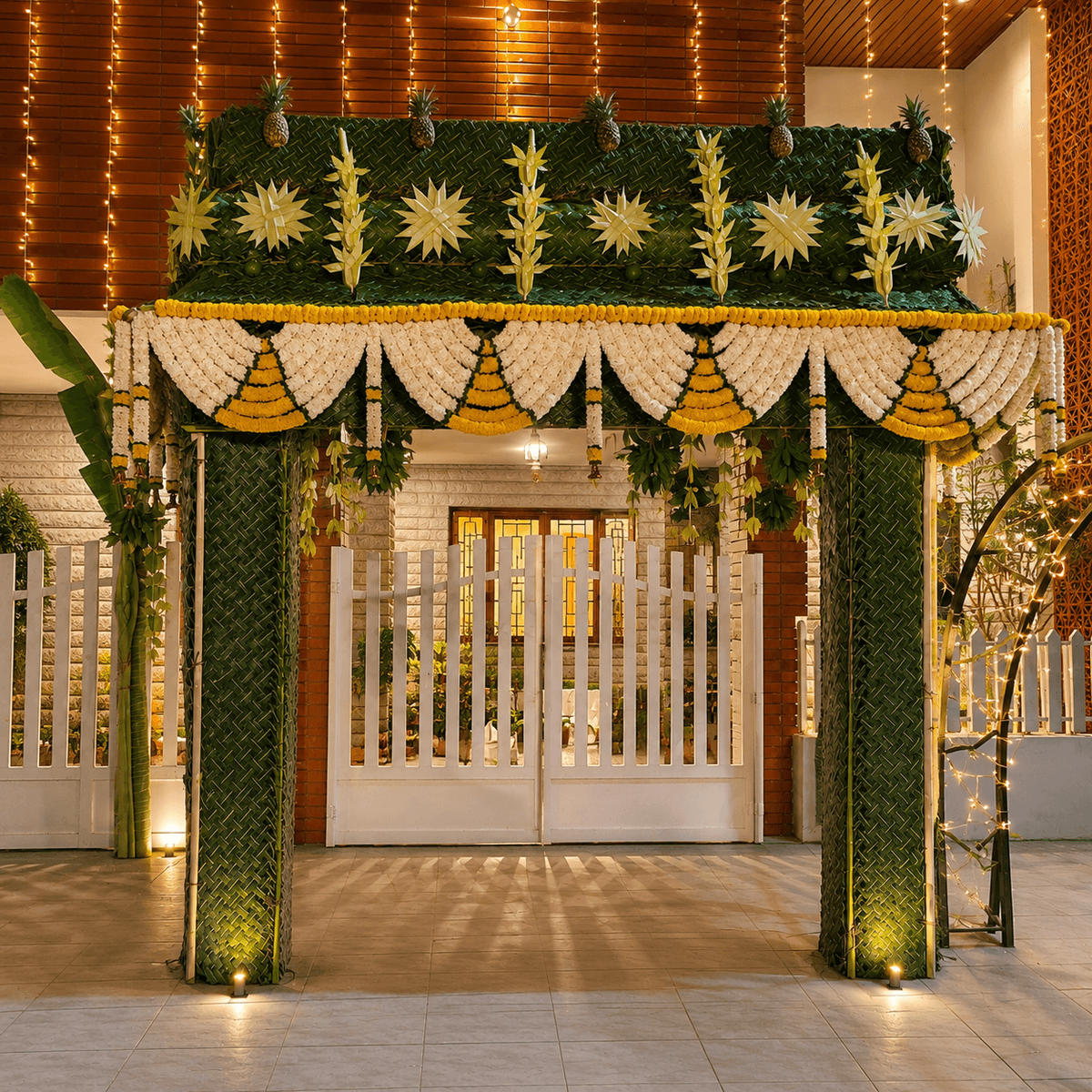 Traditional wedding mandap decoration in Bangalore with floral backdrop and elegant stage setup