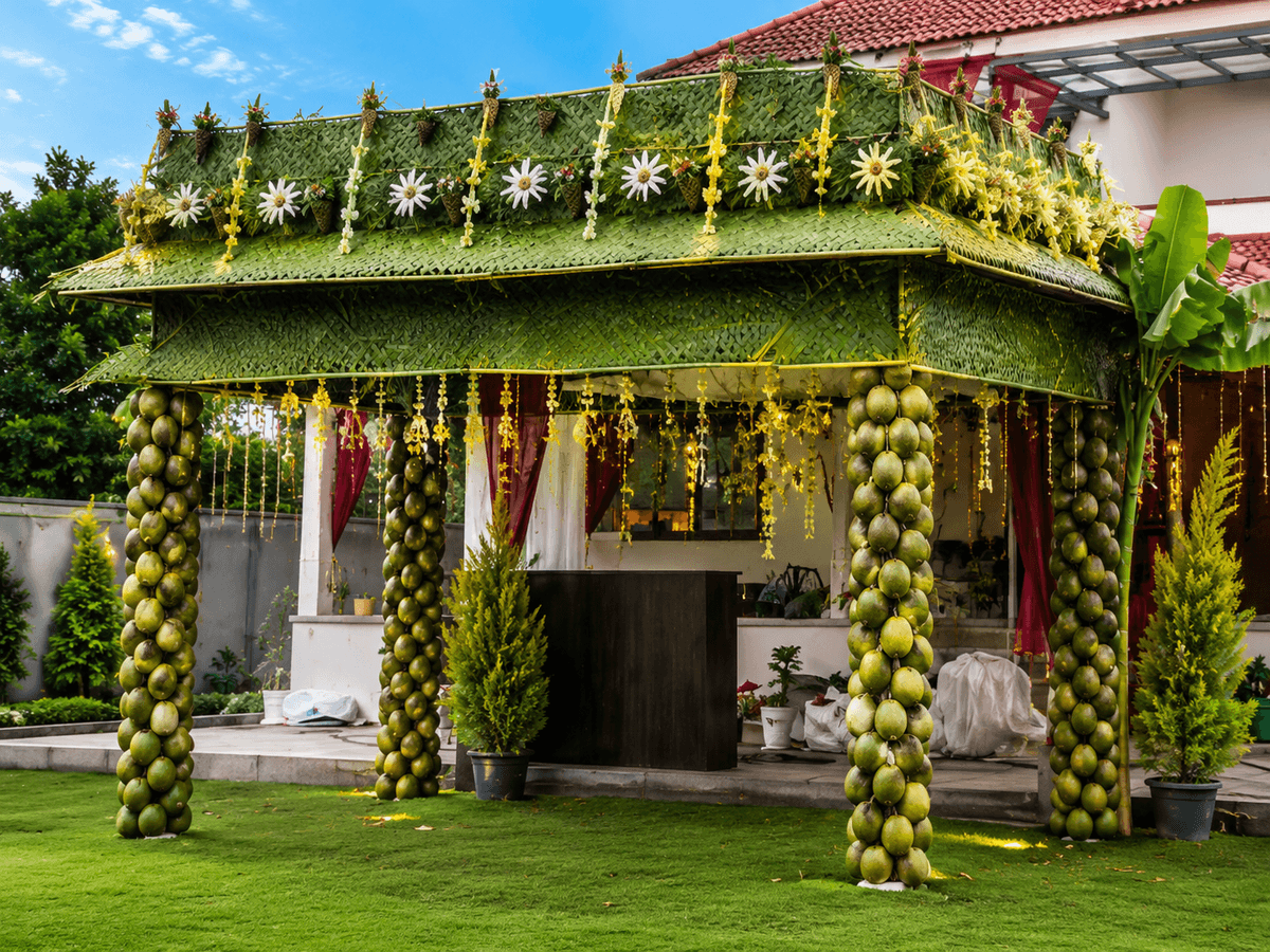 Wedding mandap decoration in Bangalore with floral stage and decorative lighting